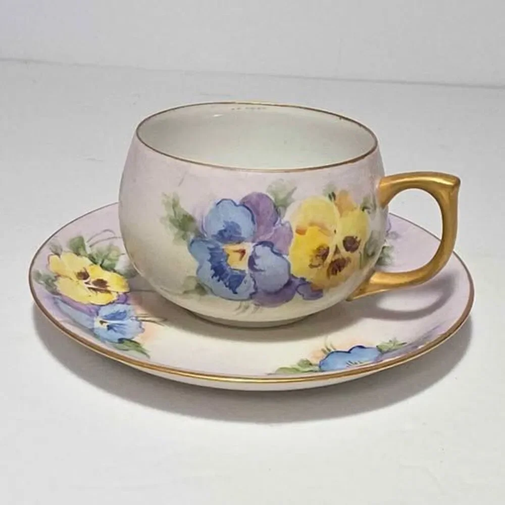 Sweetpea Teacup and Saucer Hand Painted Vintage Artist Signed 1964